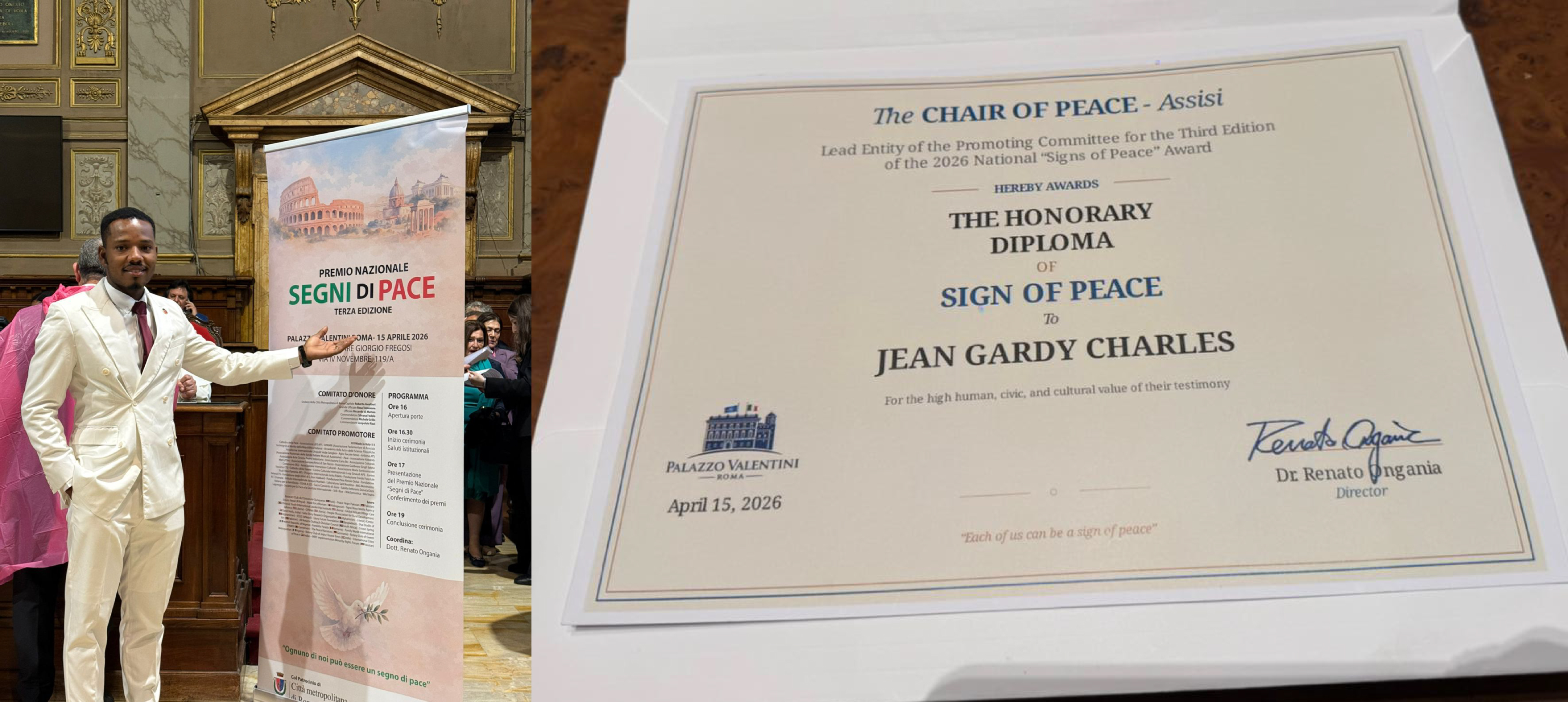 Jean Gardy Charles : Jeune Haïtien lauréat du Peace Award Italy 2026, honoré au Palazzo Valentini à Rome