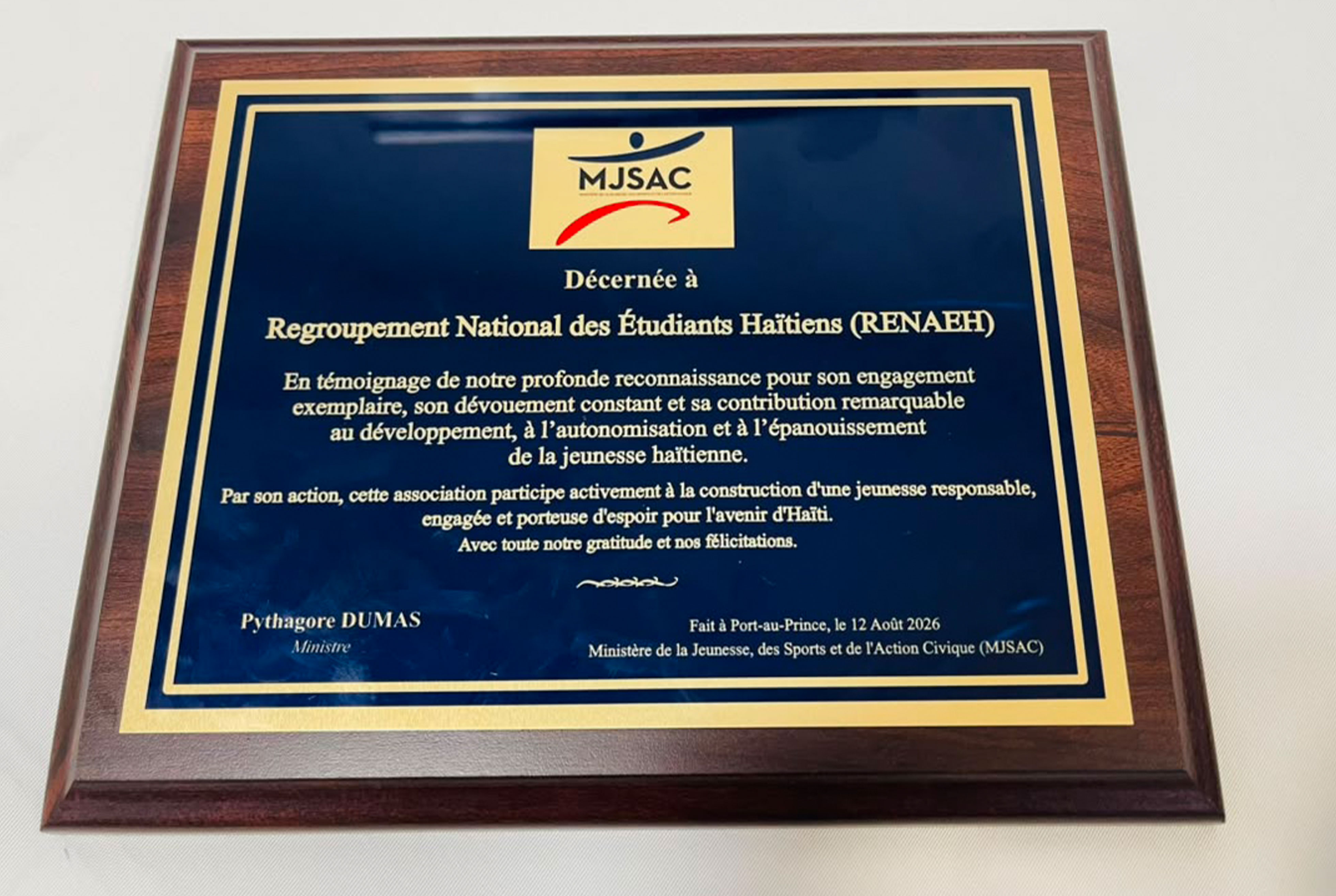 Le MJSAC honore le RENAEH pour son engagement en faveur de la jeunesse haïtienne